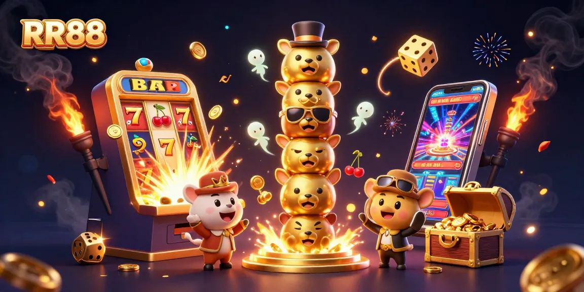 Engage with RR88's vibrant casino experience illustrated by dynamic 3D elements and characters.